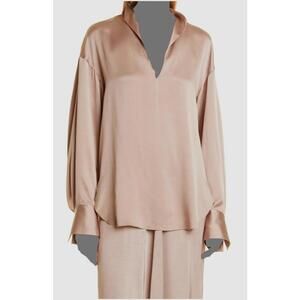 Vince Women's Beige Satin Silk Split Neck Long Sleeve Blouse Designer Size XS